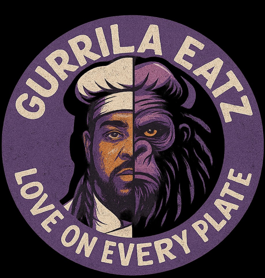 Logo design for Gurrila Eatz featuring a split face of a chef and a gorilla, with the phrase 'Love on Every Plate' encircling it.