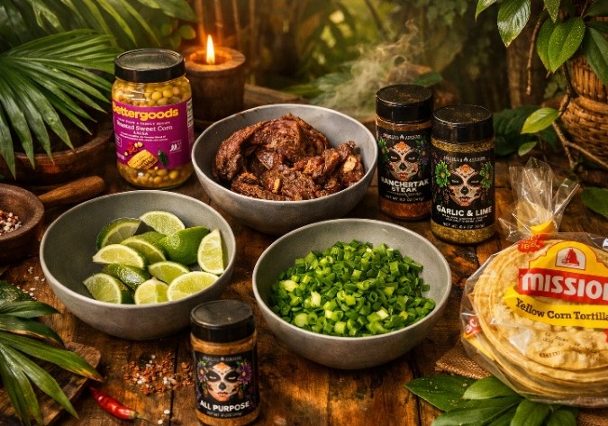 An assortment of ingredients for cooking, including marinated meat, lime halves, chopped green onions, and various spices, displayed on a wooden surface surrounded by tropical foliage. A package of yellow corn tortillas is also visible.